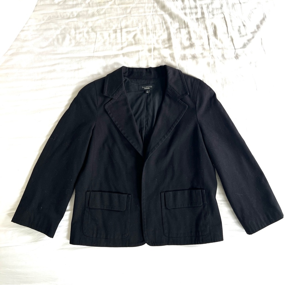 Talbots Black Blazer Structured Suit Jacket 3/4 sleeve, two front pockets size 6